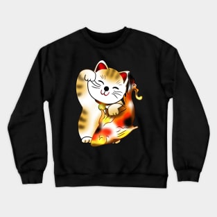 Right paw calico maneki neko lucky cat with fish Crewneck Sweatshirt